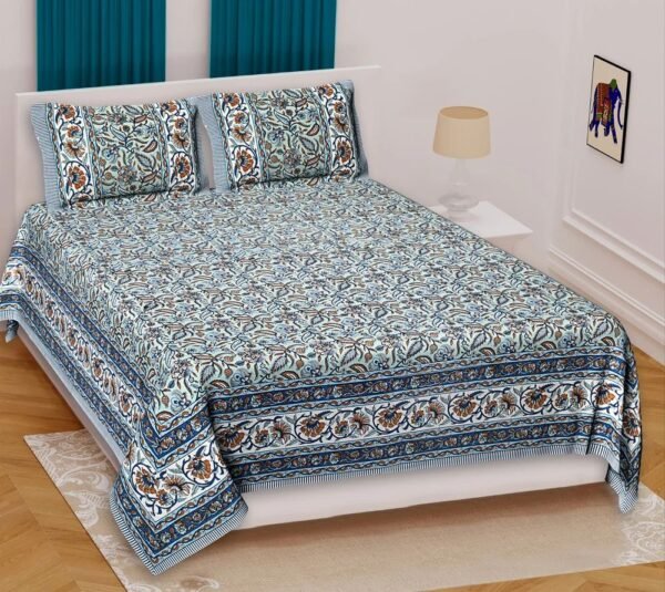 Jaipuri 100% Cotton King / Double Bedsheet ? Traditional Rajasthani Floral & Geometric Block Print ? Soft, Breathable Home Bedding