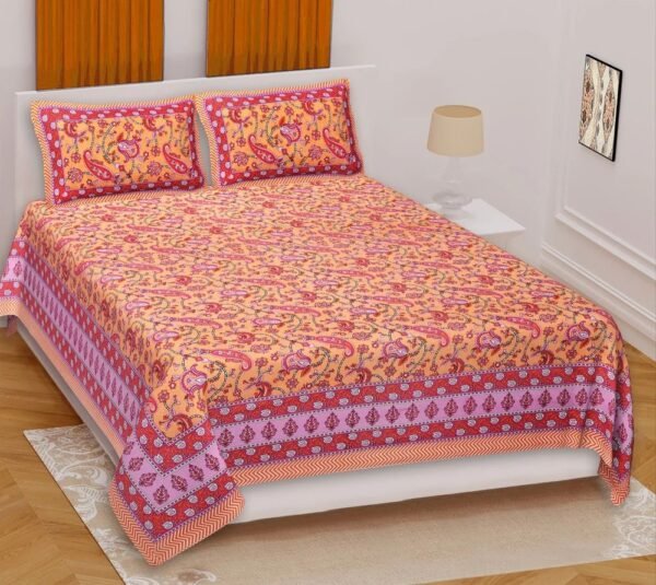Jaipuri?Style 100% Cotton Double Bedsheet with 2 Pillow Covers ? Soft, Breathable Ethnic Rajasthani Print