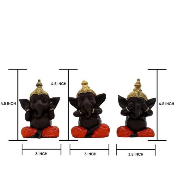 Set of 3 Polyresin 3 Wise Ganesha Figurines, Decorative Showpiece with Gold Crown, 4.5 Inch, Dark Brown for Home, Office & Temple Decor