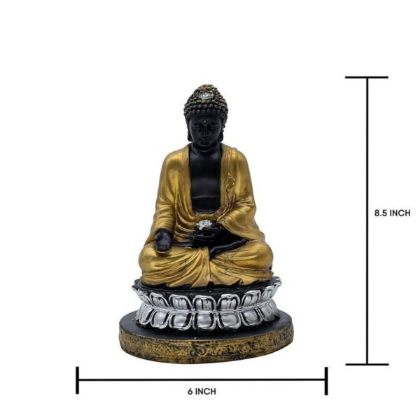 2-24-1.jpg Samadhi Buddha Statue, Black and Gold, 21.6 x 15.2 cm, Silver Lotus Base