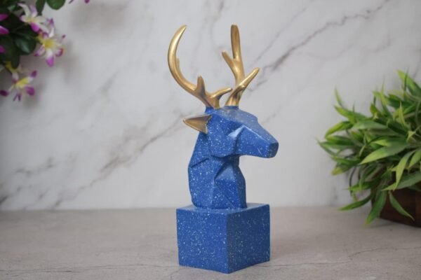 Blue Deer Head Sculpture with Gold Antlers - Modern Home Decor - Unique Gift Idea
