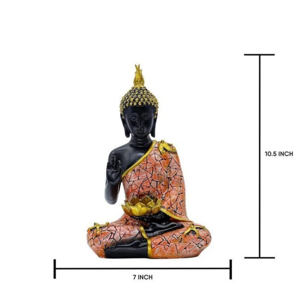 Decorative Buddha Statue with Lotus for Home Decor, Black and Orange Mosaic Design, 26.7 cm x 17.8 cm