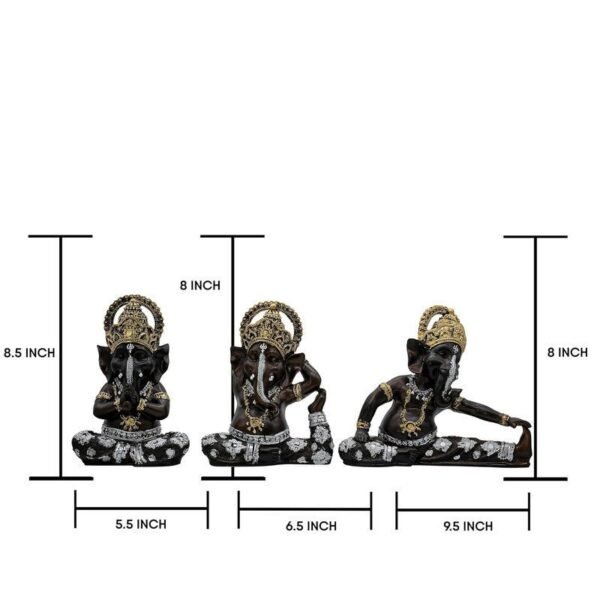2-3-2.jpg Set of 3 Lord Ganesha Idols for Home Decor | Black Polyresin Ganpati Statue with Gold & Silver Detailing | Decorative Murti for Pooja Room, Office, Gift & Festive Decor
