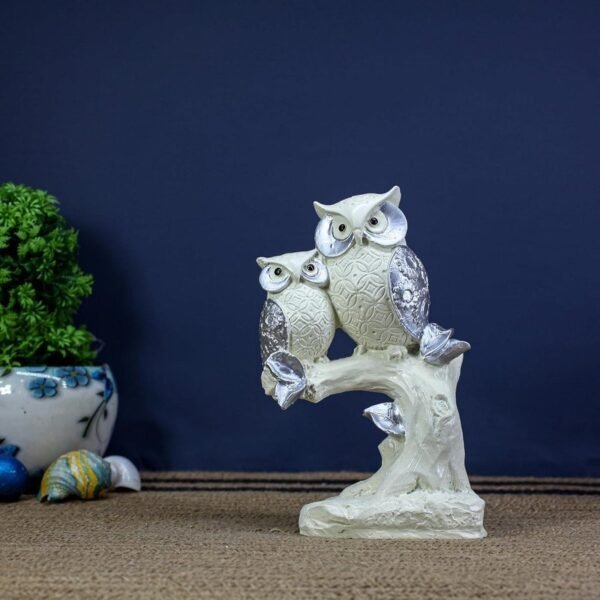 Polyresin Owl Set of 2 Showpiece for Table Decor, White and Silver, 9 inch Height
