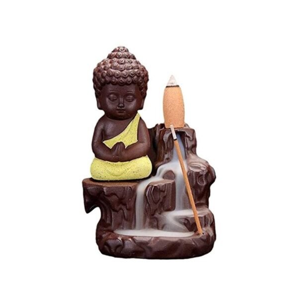 Figurine Little Meditating Buddha Backflow Smoke (Free 10 Cones), Fountain Incense Burner Holder, Idol (7 x 7 x 12 cm)(Style-56)