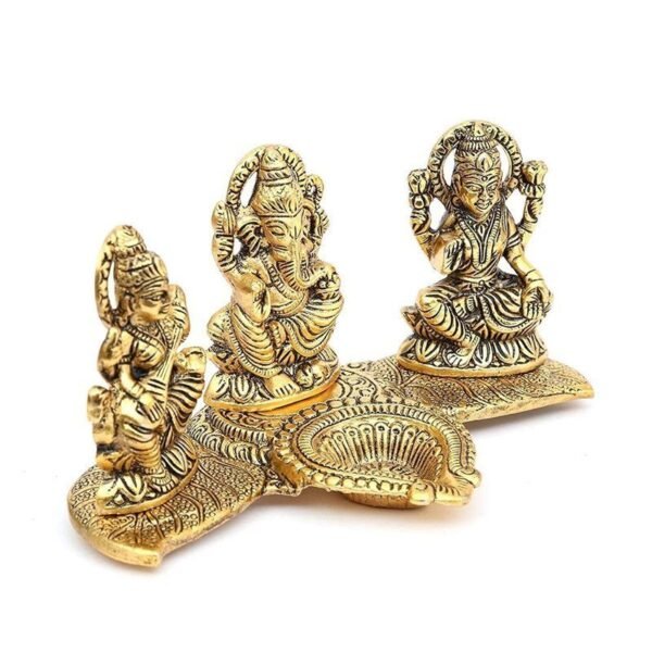 2-39-1.jpg Brass Lakshmi-Ganesha-Saraswati Diya Holder on Leaf Plate Gold-Tone Hindu Trio Statues with Oil Lamp for Puja Room, Temple & Home Decor, Diwali & Wedding Gift