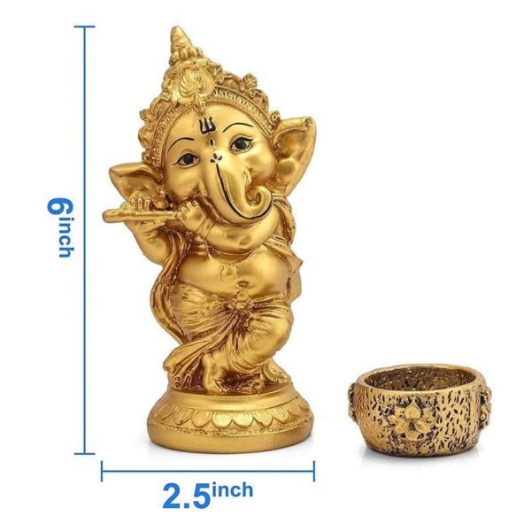 Lord Ganesha Playing Flute Idol with Decorative Tealight Diya Gold Finish Ganpati Statue for Home, Office & Pooja Room Decor (6 Inch)