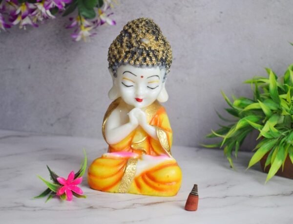2-5-1.jpg Handicrafts Baby Buddha Showpiece Resin & Sandalwood Monk Figurine for Home & Living Room decor, Perfect Diwali Gift for Family & Friends (12X10X18cm, Orange)