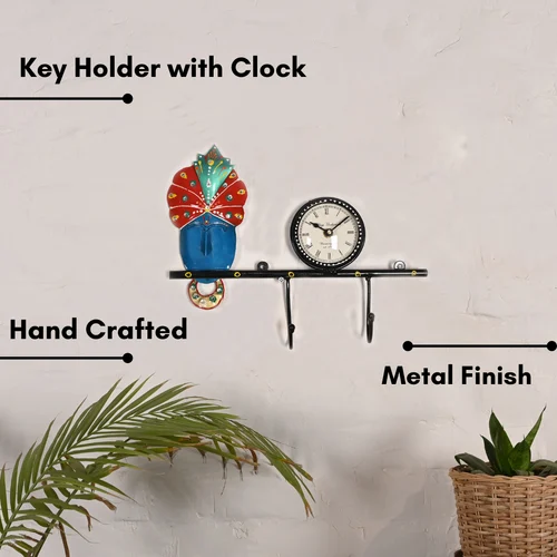 Wall Decorative Krishna Clock Key Holder in Metal | Elegant Lord Krishna Wall Hanging with Key Hooks | Home & Office D?cor Gift