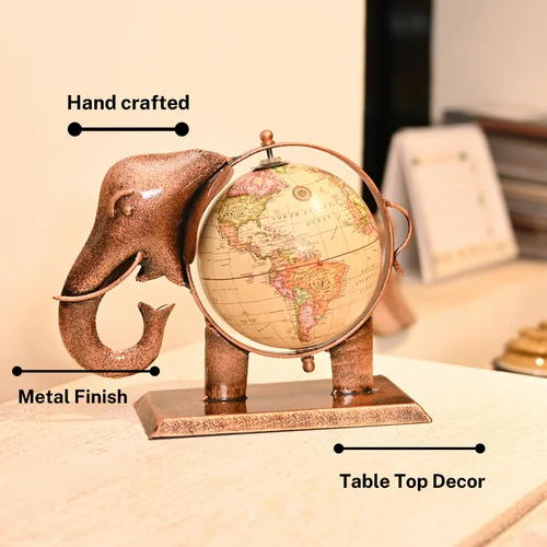 Handcrafted Metal Elephant with Globe | Antique Decorative Figurine for Table & Living Room Decor