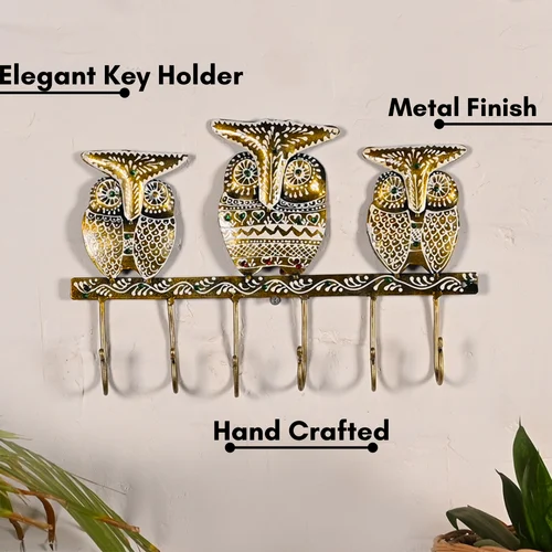 Beautiful Handcrafted Metal Golden Owl Key Holder | Hand Painted Wall Hanging Key Organizer | Perfect Gift for Home Decor
