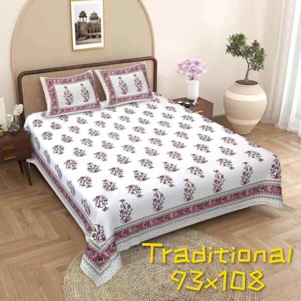 King Size Block Print Cotton Bedsheet ? Handcrafted Traditional Design, Soft & Comfortable