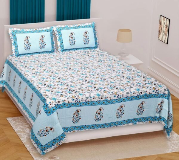 Jaipuri Printed 100% Cotton Double Bedsheet with 2 Pillow Covers ? Traditional Rajasthani Block Print, Soft & Breathable Bed Linen