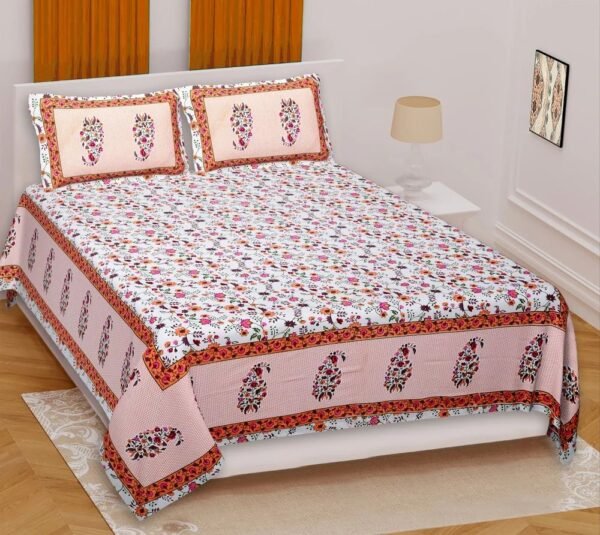 Jaipuri Printed 100% Cotton Double Bedsheet with 2 Pillow Covers ? Traditional Rajasthani Block Print, Soft & Breathable Bed Linen