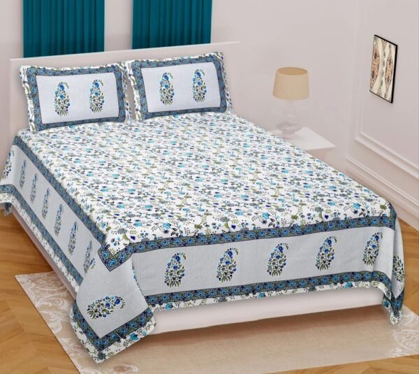 Jaipuri Printed 100% Cotton Double Bedsheet with 2 Pillow Covers ? Traditional Rajasthani Block Print, Soft & Breathable Bed Linen
