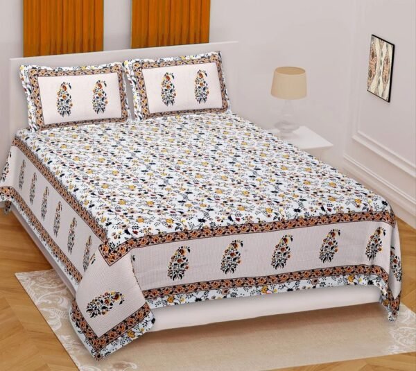 Jaipuri Printed 100% Cotton Double Bedsheet with 2 Pillow Covers ? Traditional Rajasthani Block Print, Soft & Breathable Bed Linen