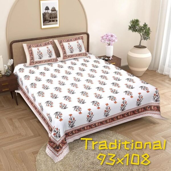 King Size Block Print Cotton Bedsheet ? Handcrafted Traditional Design, Soft & Comfortable