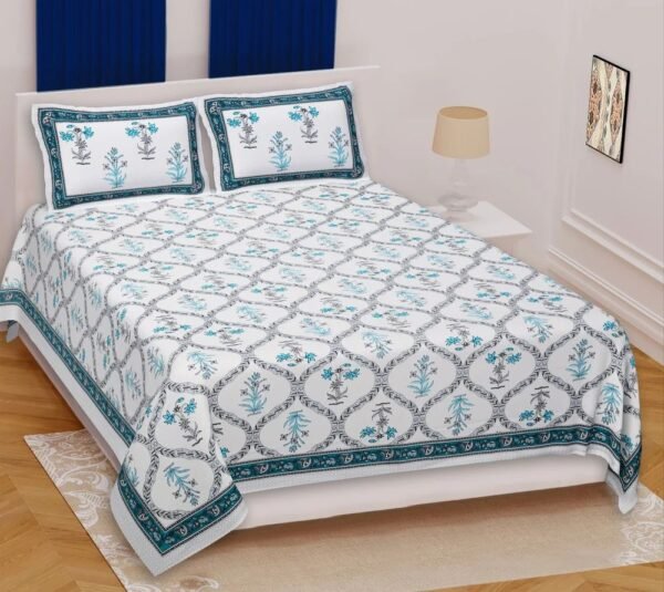 Jaipuri?Style 100% Cotton Double Bedsheet with 2 Pillow Covers ? Traditional Ethnic Print, Soft & Breathable Bed Linen