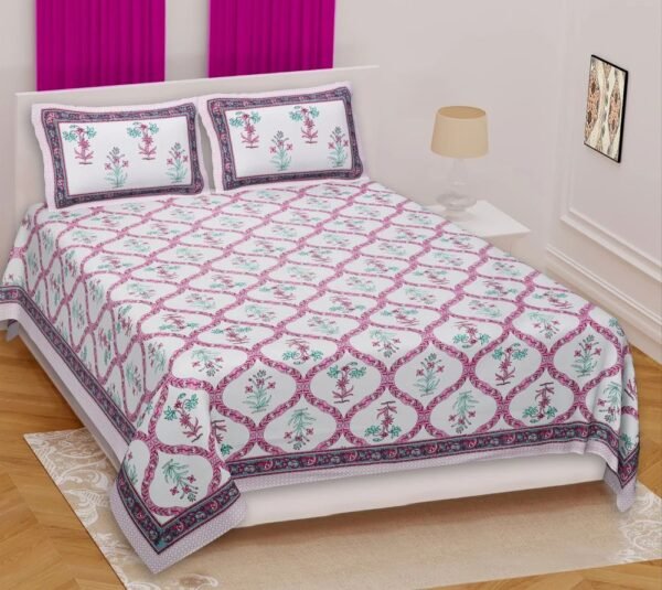 Jaipuri?Style 100% Cotton Double Bedsheet with 2 Pillow Covers ? Traditional Ethnic Print, Soft & Breathable Bed Linen