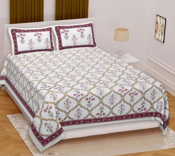Jaipuri?Style 100% Cotton Double Bedsheet with 2 Pillow Covers ? Traditional Ethnic Print, Soft & Breathable Bed Linen