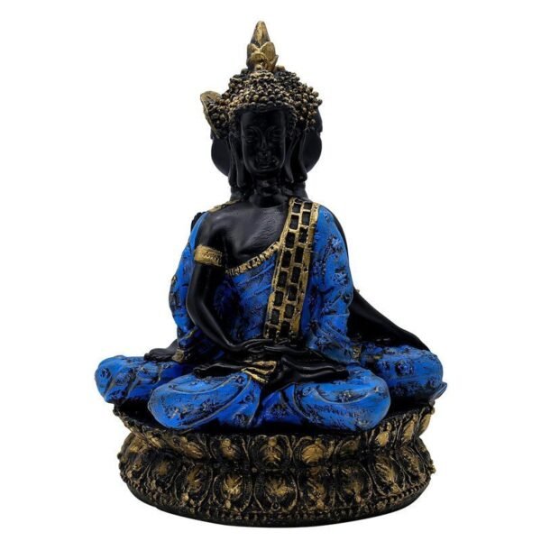 3-10-1.jpg Buddha Statue Meditation Figurine, Black and Blue Resin, 34 cm x 25.4 cm, Gold-Accented Lotus Base