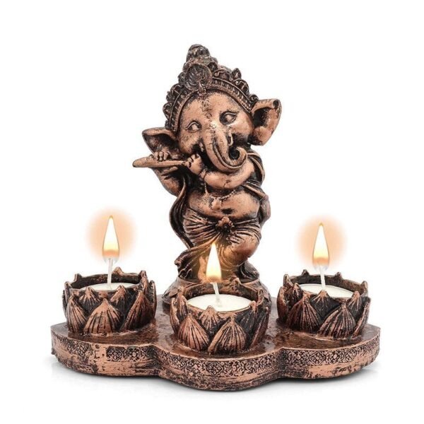 Copper Ganesh Idol with Tealight Candle Holder - Traditional Indian Decorative Item for Home & Office