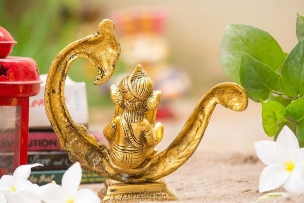 3-13-2.jpg Reading Ganesha Idol on Peacock Brass Finish Ganpati Statue with Book and Om Symbol for Home Decor, Office Desk & Gift 6 Inch