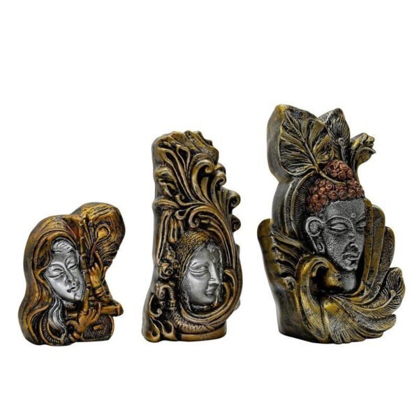 Decorative Buddha Statue Set of 3, Antique Gold and Silver Finish, 4.5-6.5 Inch Height