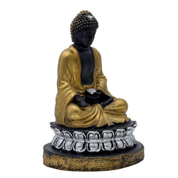 3-24-1.jpg Samadhi Buddha Statue, Black and Gold, 21.6 x 15.2 cm, Silver Lotus Base