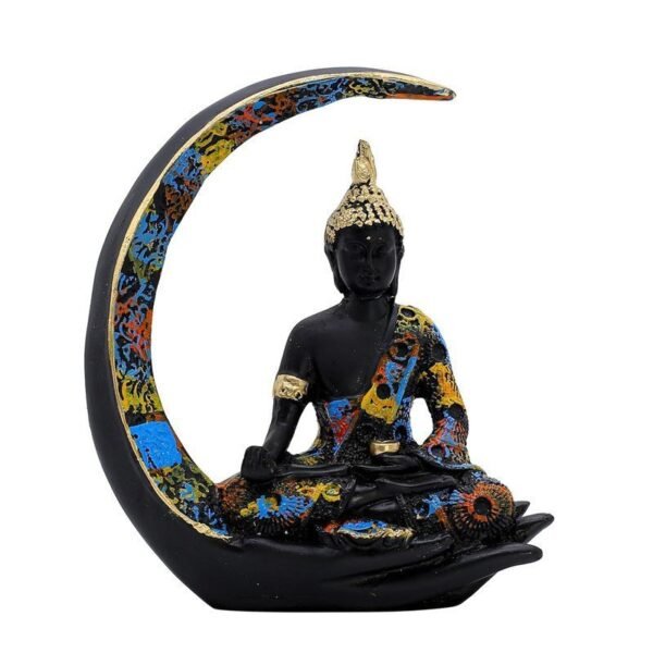 Decorative Buddha Statue on Crescent Moon, Black with Colourful Mosaic Pattern, 20 x 15 cm