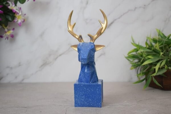 Blue Deer Head Sculpture with Gold Antlers - Modern Home Decor - Unique Gift Idea