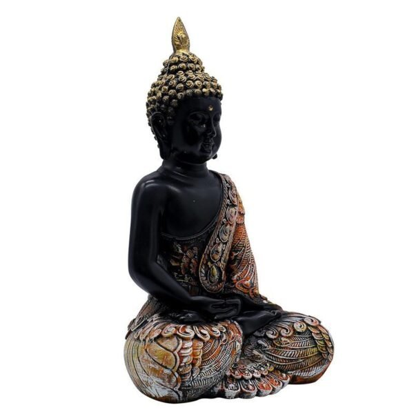 3-30-1.jpg Meditating Sitting Buddha Statue Showpiece Idol Home Decor Items with Gold Crown and Carved Robe, Black and Orange, 28 cm x 15 cm