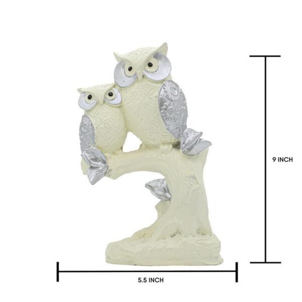 Polyresin Owl Set of 2 Showpiece for Table Decor, White and Silver, 9 inch Height