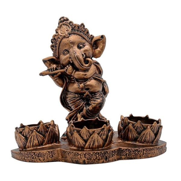 3-31-2.jpg Polyresin Ganesha Flute Tea Light Candle Holder Antique Copper LordGanesha Statue with 3 Lotus Tea Lights for Puja Room, Home Decor, Diwali & Ganesh Chaturthi Gift