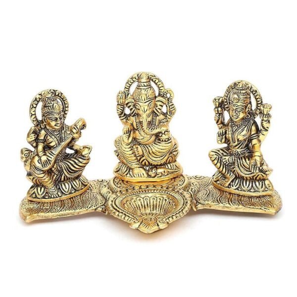 3-36-2.jpg Brass Lakshmi-Ganesha-Saraswati Diya Holder on Leaf Plate Gold-Tone Hindu Trio Statues with Oil Lamp for Puja Room, Temple & Home Decor, Diwali & Wedding Gift