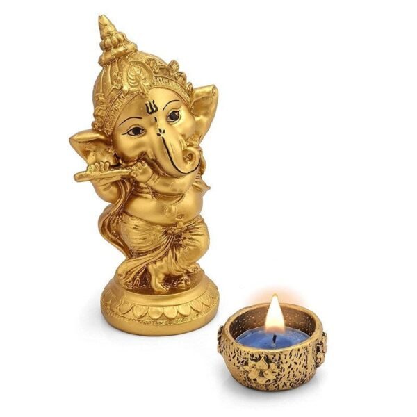 Lord Ganesha Playing Flute Idol with Decorative Tealight Diya Gold Finish Ganpati Statue for Home, Office & Pooja Room Decor (6 Inch)