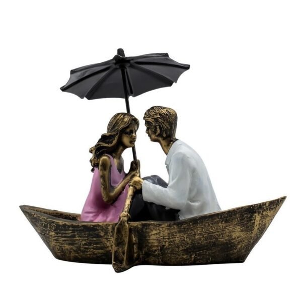 Romantic Couple in Boat Resin Sculpture HandPainted Umbrella Love Statue for Home Decor, Anniversary, Valentines Day Gift