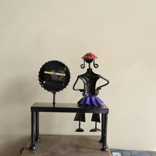 Decorative Sitting Doll with Clock in Metal | Handcrafted Table Showpiece with Timepiece | Unique Home & Office D?cor Gift Item