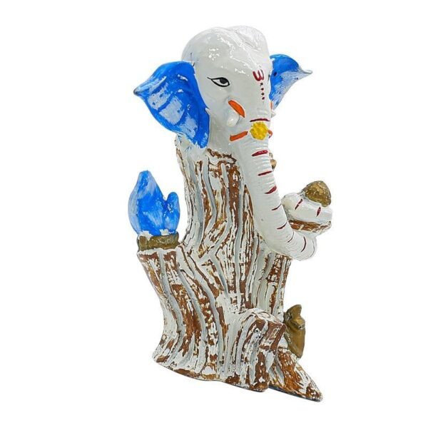 White & Blue Lord Ganesha Idol on Tree Log | Polyresin Ganpati Statue for Home Decor, Pooja Room, Car Dashboard & Gift | Decorative Ganesh Murti 5 Inch