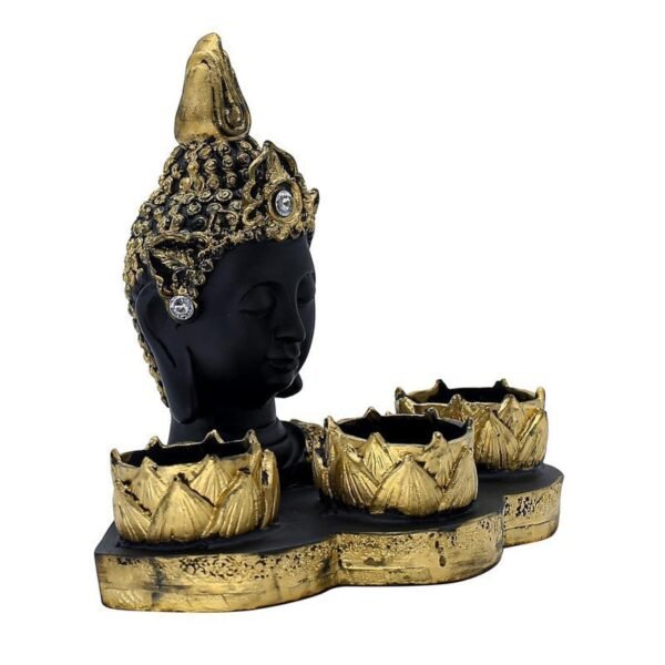 3-8-1.jpg Resin Buddha Head Tealight Candle Holder Black & Gold Statue with 3 Lotus Votive Stands, 7 Home & Garden decor for Meditation & Spiritual Gift