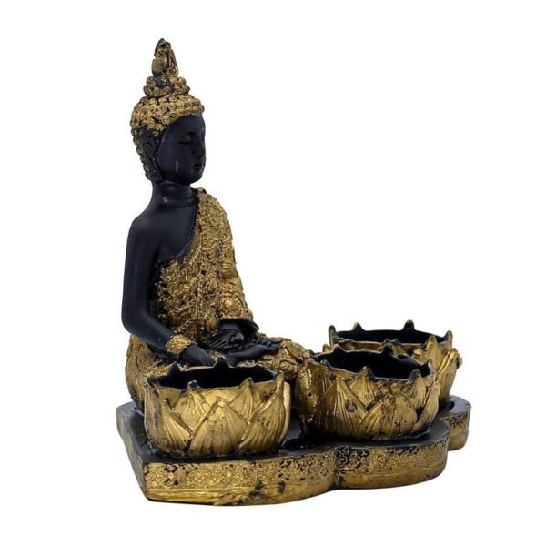 3-9-1.jpg Resin Buddha Head Candle Holder with 3 Lotus Tealight Stands Black & Gold Decorative Showpiece for Home, Altar & Spiritual Gifting