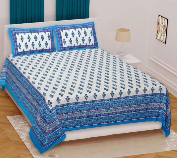 303-1000x1000-1.jpg Jaipuri Block-Print Cotton Double Bed Sheet with 2 Pillow Covers | Traditional Rajasthani Floral Design | Lightweight & Breathable 100% Cotton Bedding Set