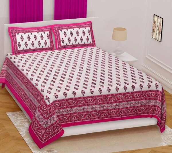 305-1000x1000-1.jpg Jaipuri Block-Print Cotton Double Bed Sheet with 2 Pillow Covers | Traditional Rajasthani Floral Design | Lightweight & Breathable 100% Cotton Bedding Set