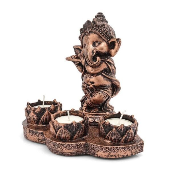 Copper Ganesh Idol with Tealight Candle Holder - Traditional Indian Decorative Item for Home & Office