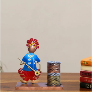 Decorative Metal Blue Men Pen Stand Handcrafted Desk Organizer Artistic Stationery Holder for Home Office Decor