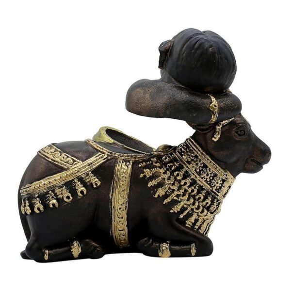 4-12-2.jpg Baby Ganesha Idol Resting on Cow Antique Finish Polyresin Ganpati Murti with Golden Dhoti for Home Decor, Pooja Room & Gift, 6 Inch