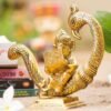 4-13-2.jpg Reading Ganesha Idol on Peacock Brass Finish Ganpati Statue with Book and Om Symbol for Home Decor, Office Desk & Gift 6 Inch