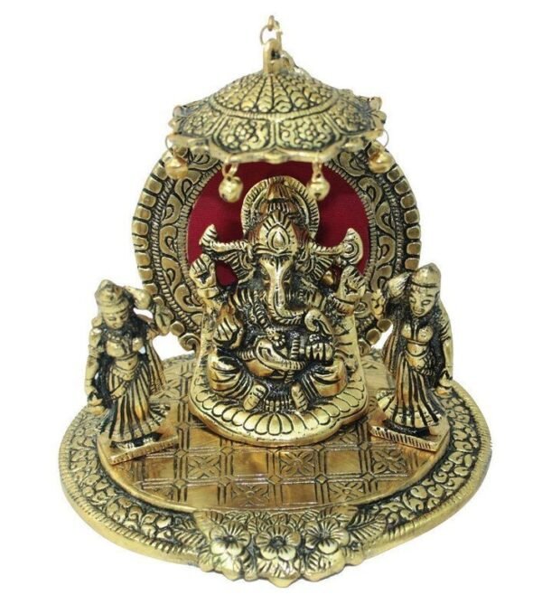 Golden Ganesha Statue with Riddhi Siddhi - Brass - Hindu God Showpiece for Home Decor & Gifting