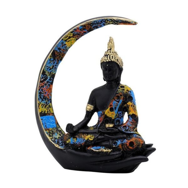 Decorative Buddha Statue on Crescent Moon, Black with Colourful Mosaic Pattern, 20 x 15 cm