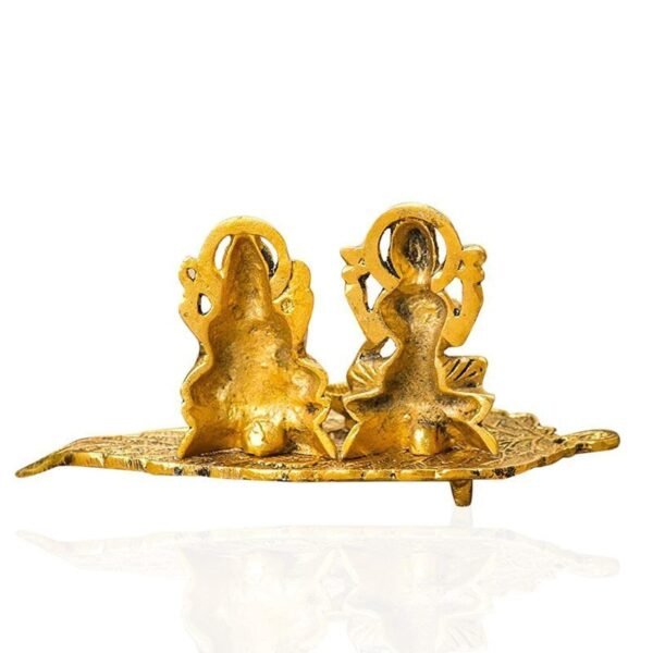 4-33-2.jpg Brass Lakshmi Ganesha Diya Holder on Leaf Puja Plate GoldTone Hindu Deity Statue with Diya for Temple & Home Altar decor, Diwali & Housewarming Gift